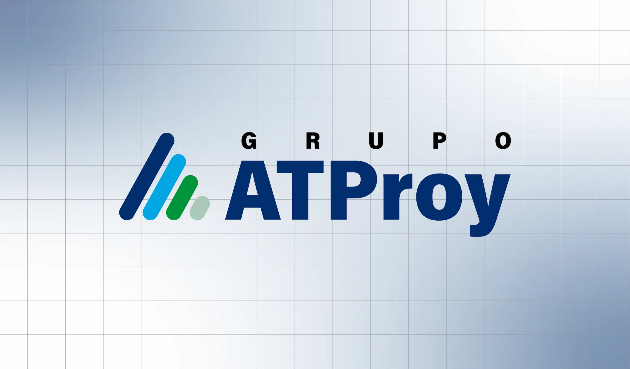 Banner oficial con el logo y símbolo de Grupo ATProy al centro con un fondo cuadriculado blanco.