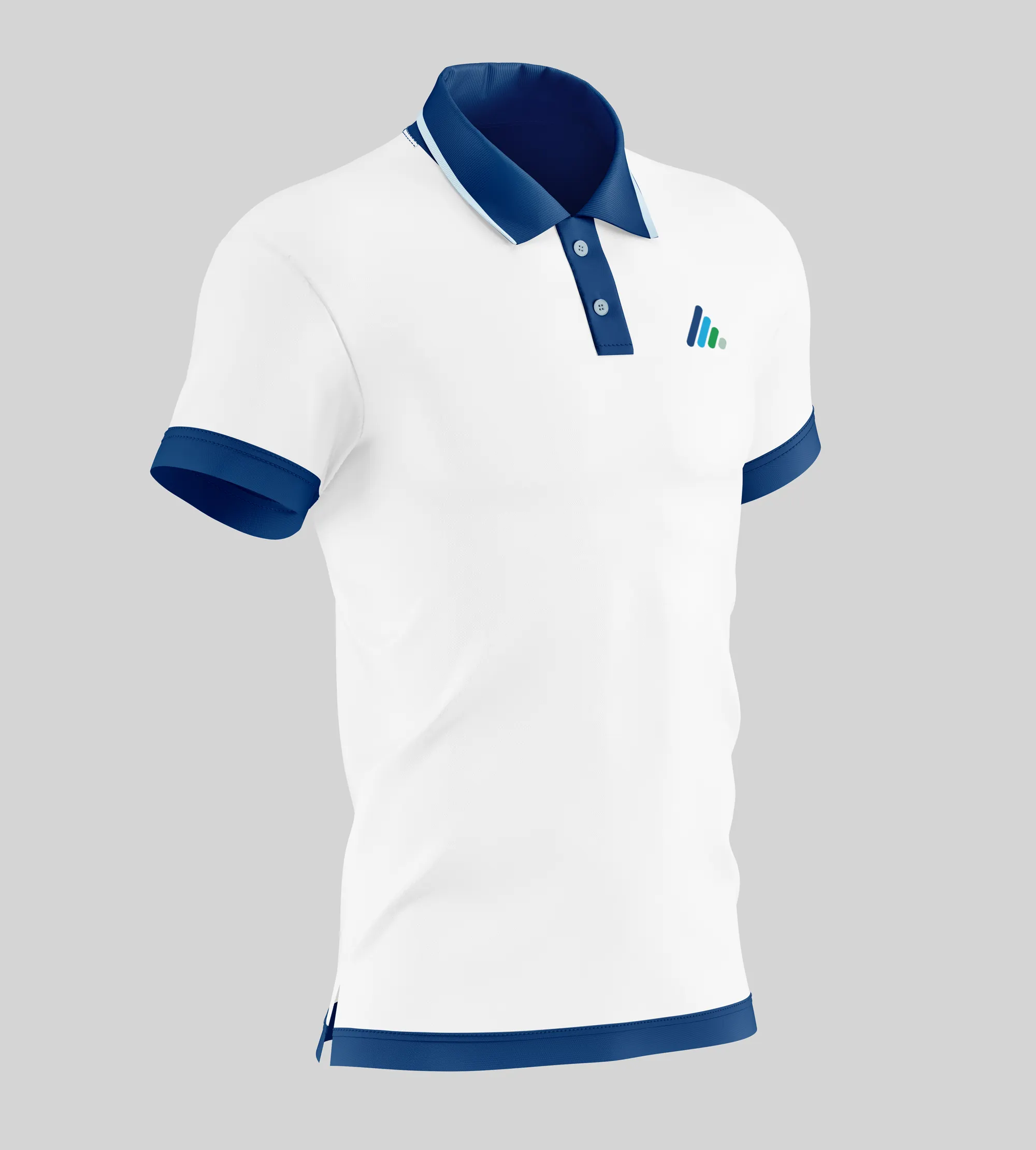 Camisa tipo polo blanca con detalles del color principal (azul oscuro) para uso interno e administrativo; el símbolo colocado en la parte izquierda del pecho.