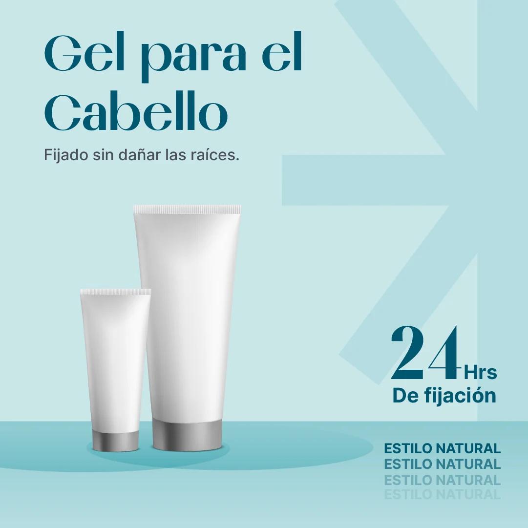 Publicidad en formato cuadrado de uno de los productos propuestos "Gel para el cabello" para Post en redes sociales.