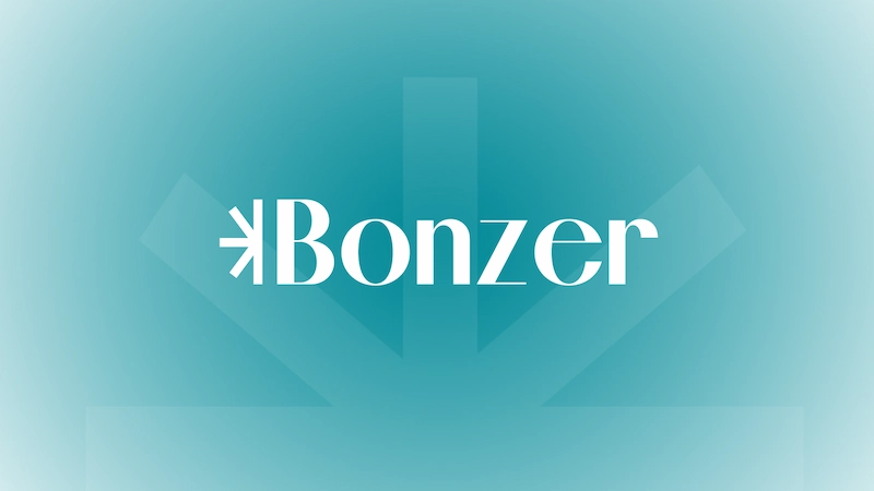 Logo de Bonzer centrado con la ilustración representativa del símbolo en la parte inferior y el color principal de fondo con un degradado en blanco por la orilla.