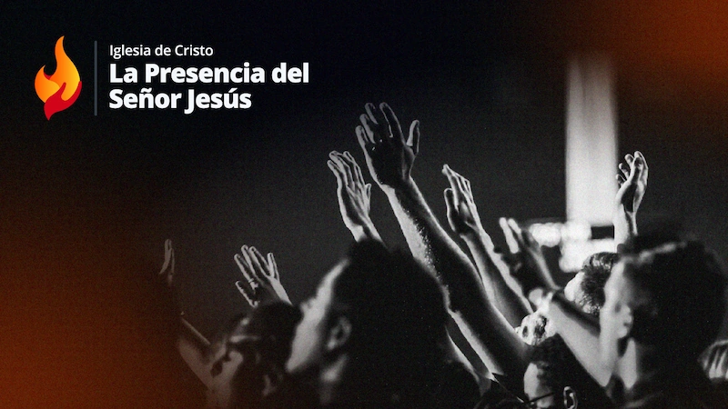 Banner oficial de la Iglesia con personas orando abajo a la izquierda y el logo ofial arriba a la izquierda acompañado de un gradiente con el color principal.