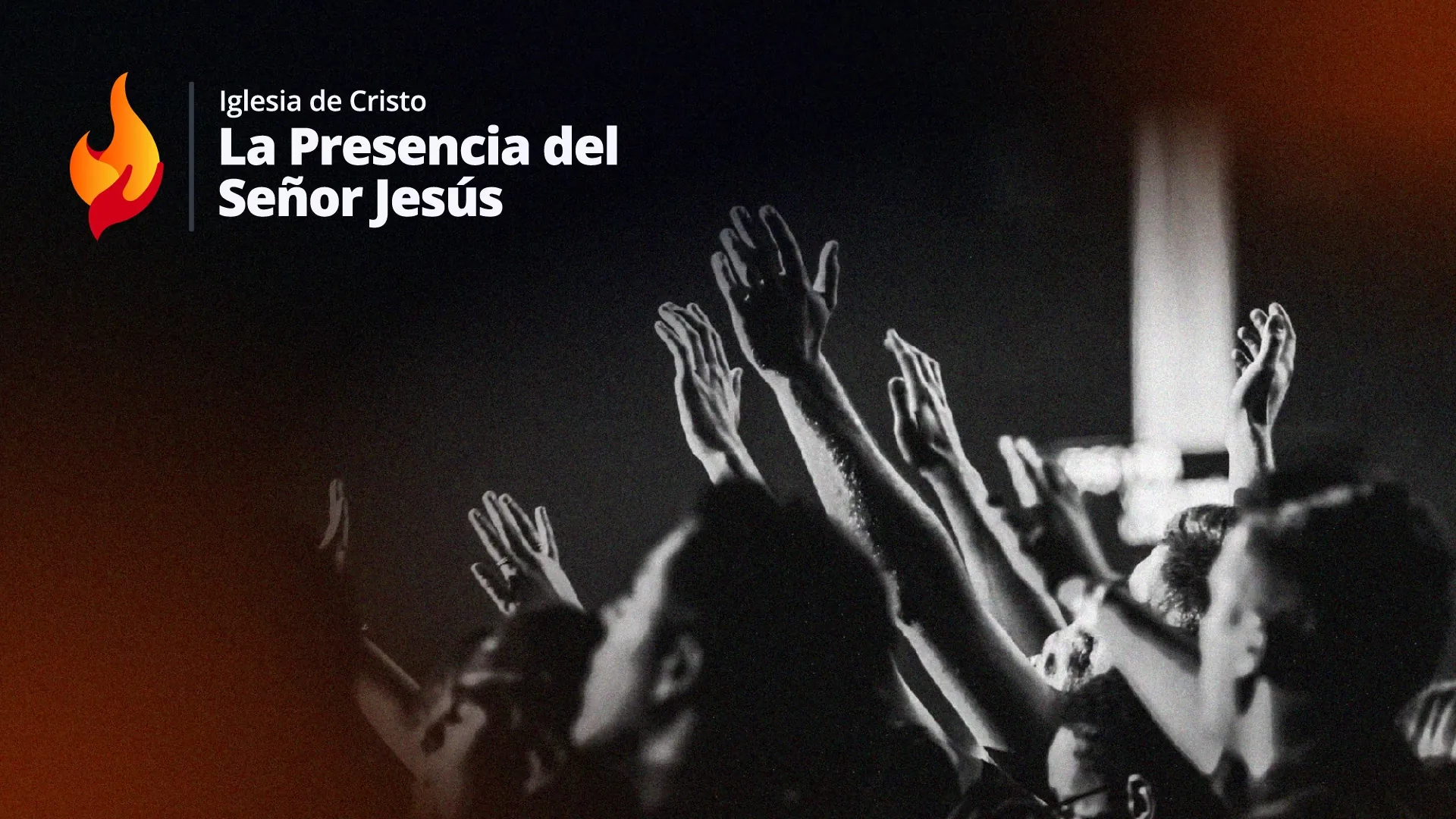 Banner oficial de la Iglesia con personas orando abajo a la izquierda y el logo ofial arriba a la izquierda acompañado de un gradiente con el color principal.
