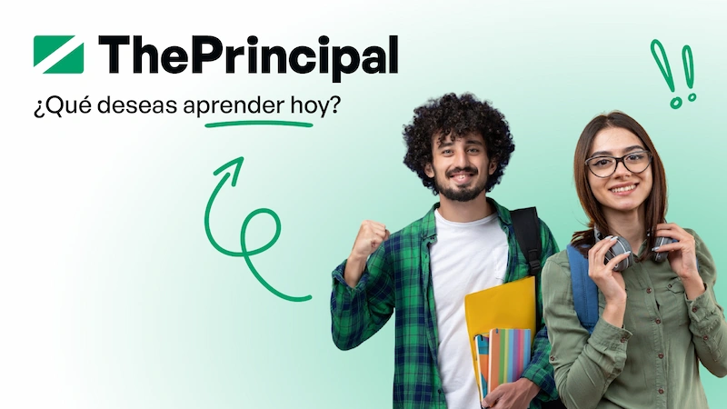 Logo de ThePrincipal en la parte superior izquierda con el slogan "¿Qué deseas aprender hoy?" y en la parte inferior derecha dos imagenes de estudiantes.
